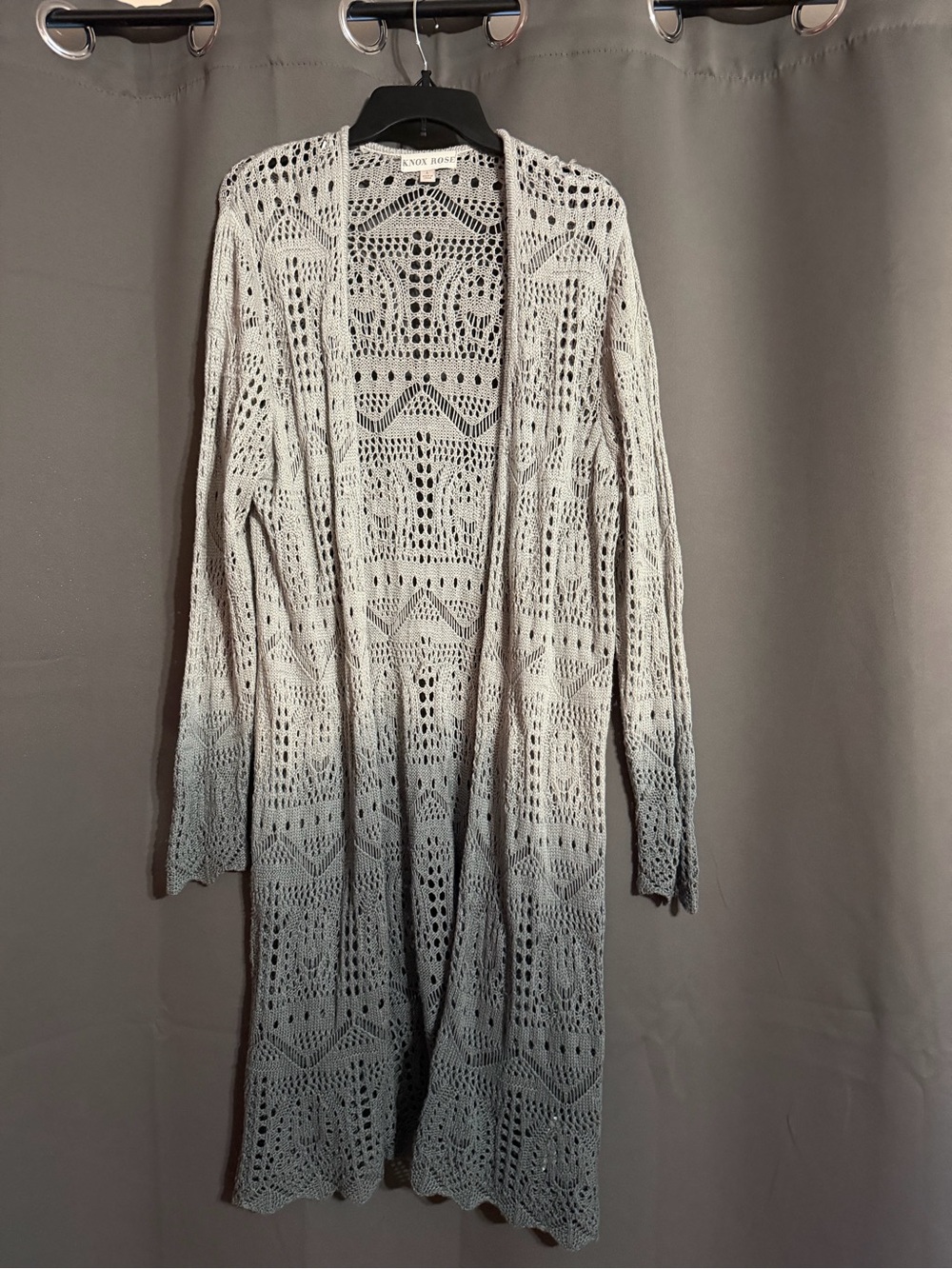 Knox Rose Crochet Open-Knit Sweater Cardigan in Light Gray